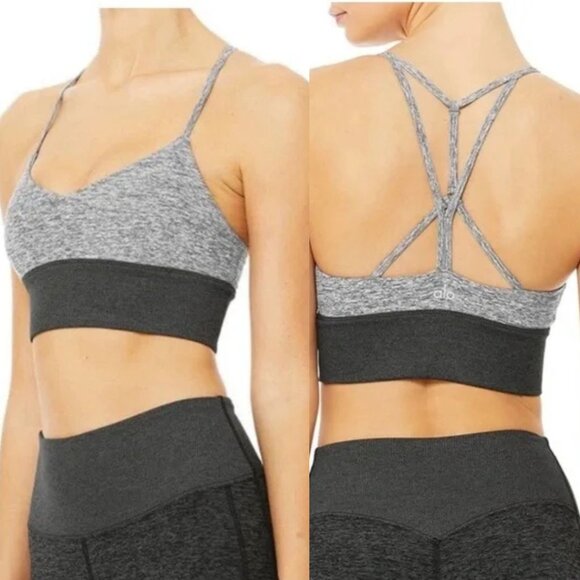 Alo - Lavish Yoga Sports Bra Strappy Cross-Back 3158 | Two-Tone Gray | Small - Picture 1 of 6